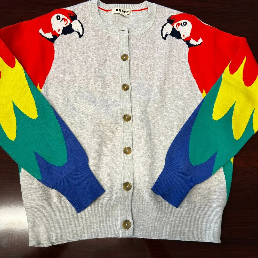 Boden Gray Cardigan Sweater with Red, Yellow, Green & Blue Parrot Sleeves